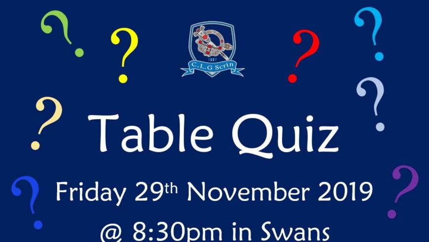 Table Quiz – Friday 29th November 2019 at 8:30pm